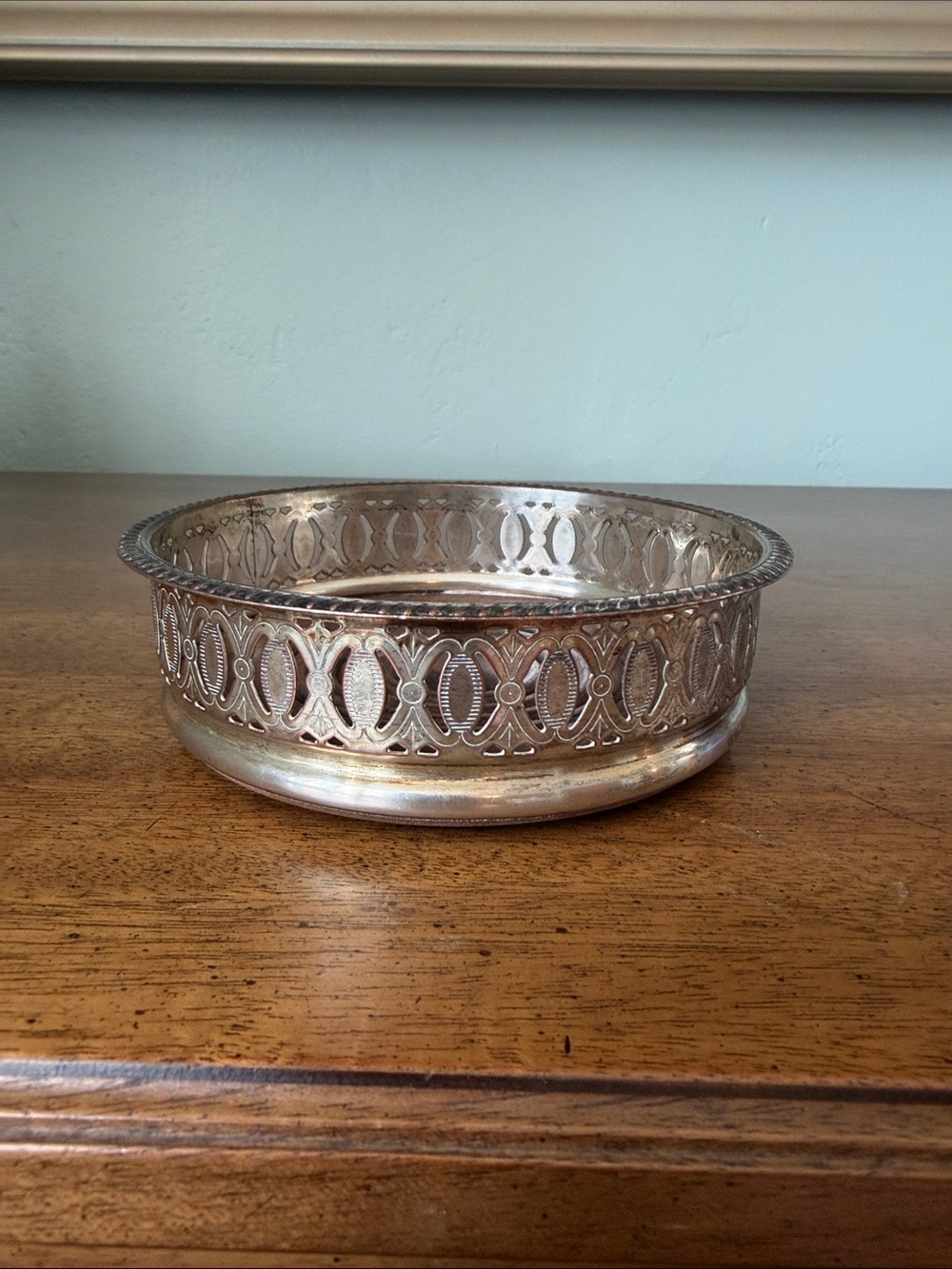 Antique Sheffield silver plate on copper wine coaster  with ornate cutout design